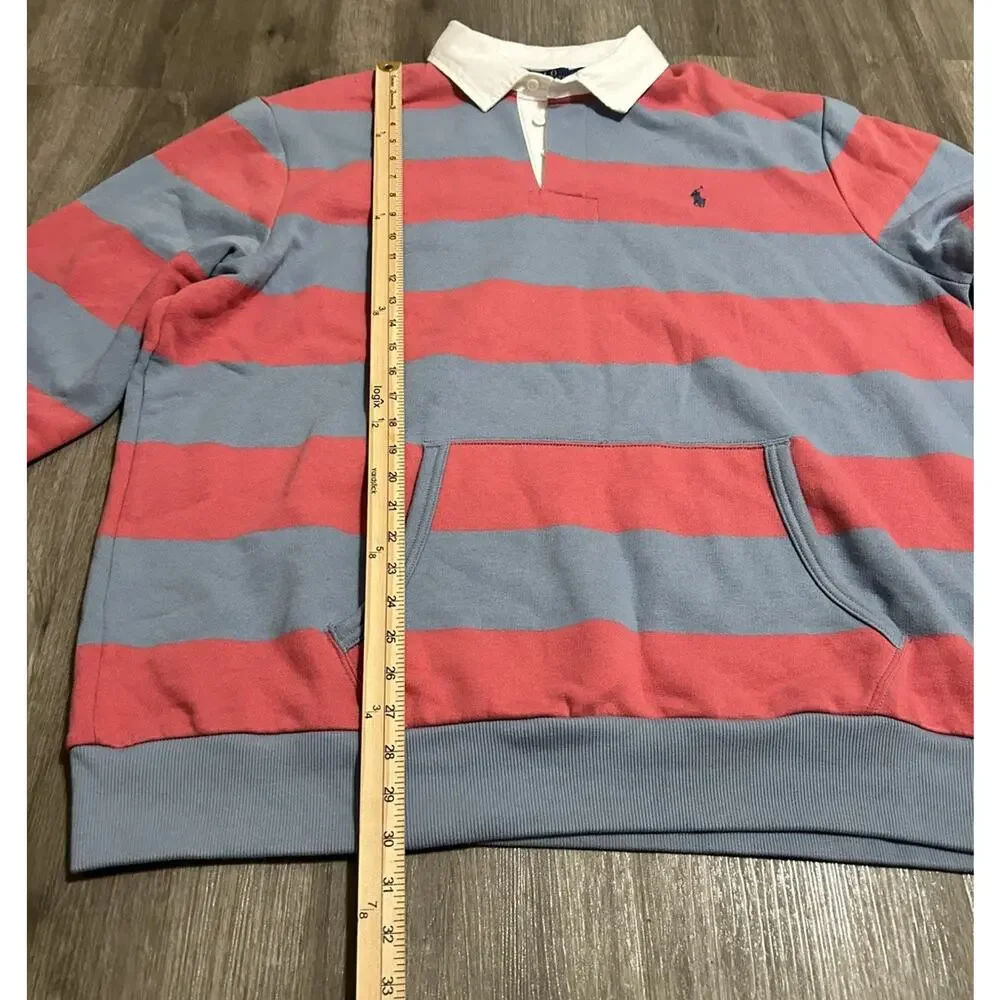 Polo Ralph Lauren Mens 2XL Striped Fleece Rugby Shirt Coral Pink Blue Casual